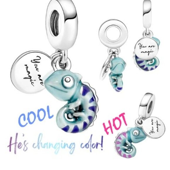 🎆Turquoise Purple Silver Chameleon, tag You Are Magic, Silver 925, fits Pandora - Picture 1 of 4